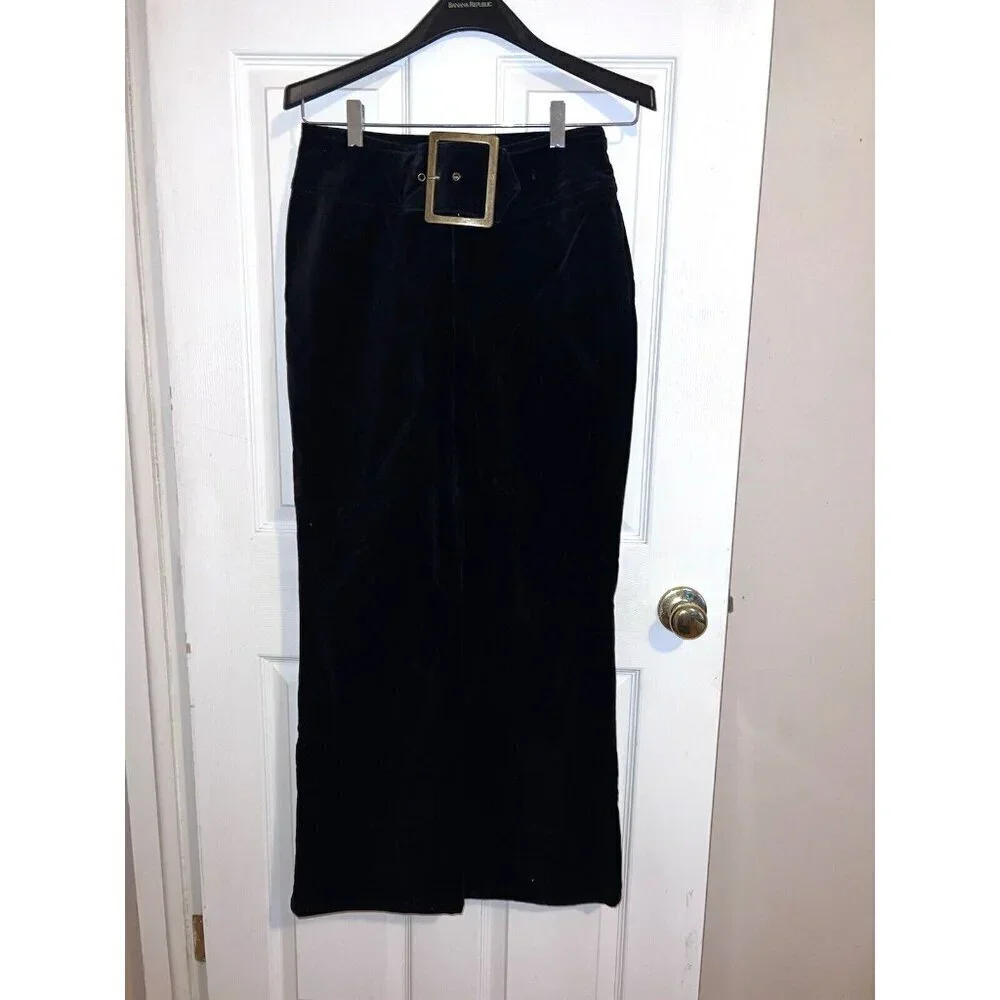 BOUTIQUE EUROPA Black Velvet Wide Waist Band Belt Straight Leg Pants Sz 8